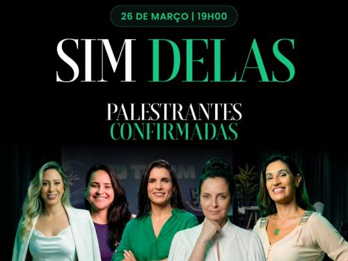 Cinco mulheres palestrantes do evento. Vestem roupa social clara e posam para a foto de frente sorrindo. Informações sobre o evento na parte superior da imagem.