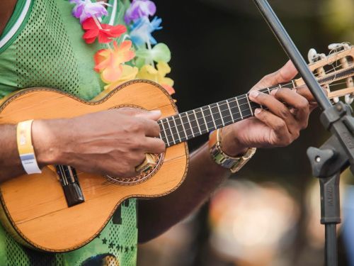 Close nas mãos de um músico tocando um cavaquinho diante de um microfone. Ele veste regata verde e colar colorido, sugerindo clima festivo.