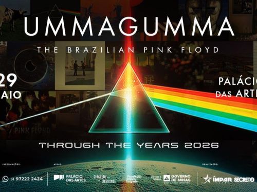 Folder de divulgação do show "Ummagumma – The Brazilian Pink Floyd – Through The Years 2026". Em destaque: polígono triangular refletindo um espectro de cores, símbolo da banda Pink Floyd; ao fundo, fotografias representando elementos marcantes da banda. Informações sobre o evento nas partes superior e inferior da imagem.