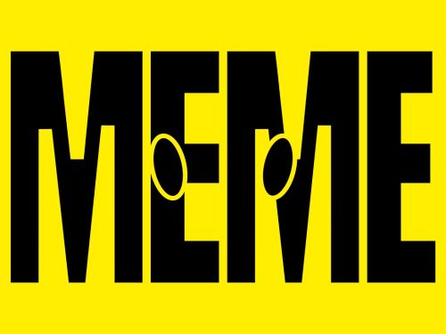 Imagem de divulgação da exposição: fundo amarelo com o termo "Meme" escrito em letra maiúscula e cor preta.
