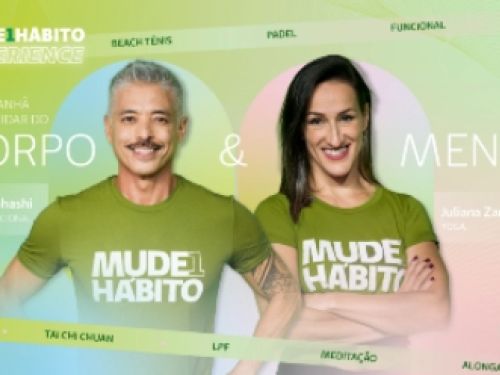Flyer de divulgação do evento emfundo verde e rosa e casal com camisetas verdes com inscrição Mude1Hábito em branco