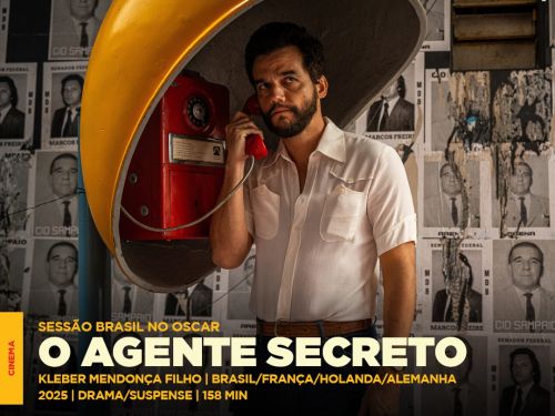 Flyer convidativo para a sessão gratuita do filme "o agente secreto" no cine santa tereza