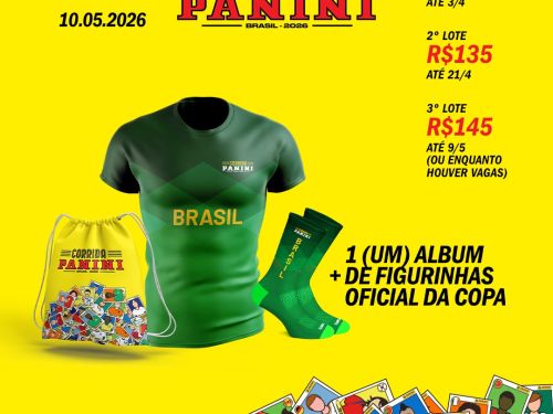 Foto ilustrativa do kit da corrida contendo a blusa oficial verde, meia cano alto verde, mochila e valores dos lotes promocionais 
