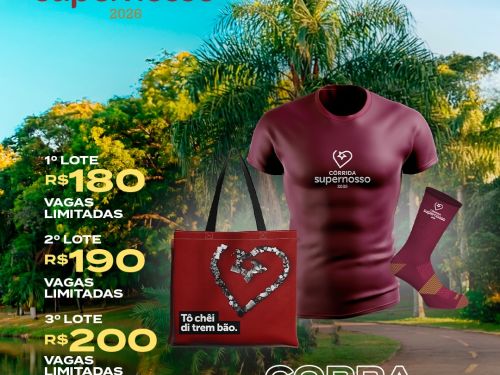 Foto ilustrativa do kit da corrida contendo blusa, meia e bolsa roxa, juntamente com o valor dos lotes 