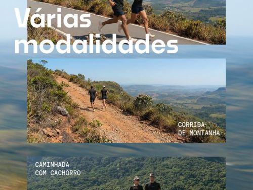 foto ilustrativa das 3 modalidades que ocorrerá no evento: corrida na rua, na montanha e caminhada com cachorro 