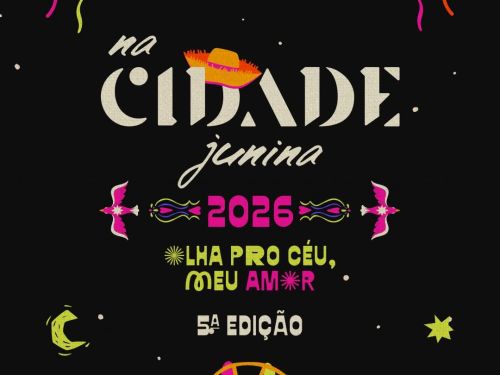 O design possui fundo preto com detalhes vibrantes em roxo, rosa e amarelo. No centro, o título traz um pequeno chapéu de palha e a frase "Olha pro céu, meu amor". A arte é decorada com elementos típicos: bandeirinhas, balões, uma roda-gigante, fogos de artifício e flores, criando uma estética festiva e folclórica.