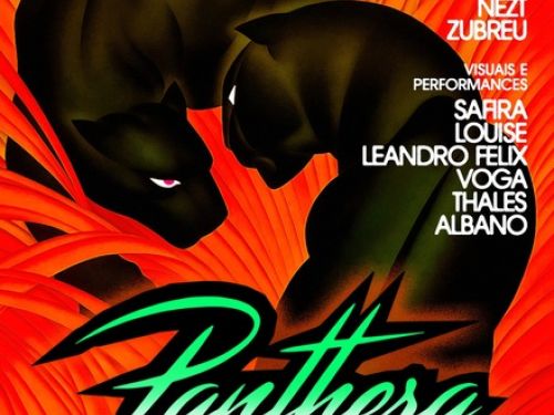 Cartaz com fundo vermelho e ilustrativo do evento Panthera: Selva Babilônica