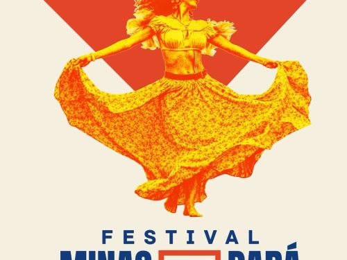 Foto de capa do evento Festival Minas com Pará contendo uma mulher ilustrada na cor laranja dançando carimbó, no fundo creme com triangulo vermelho e o nome do evento destacado de azul