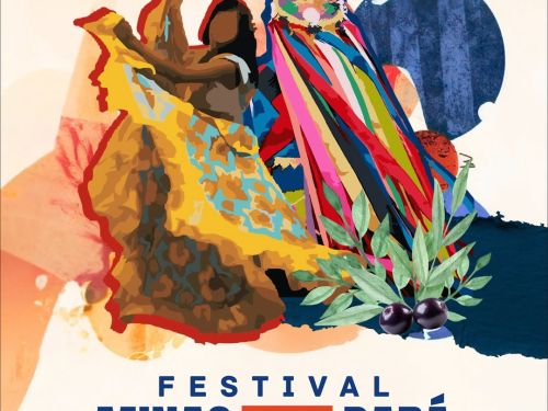 Foto de capa do evento Festival Minas com Pará contendo uma mulher ilustrada dançando carimbó, com fundo creme e o nome do evento destacado de azul