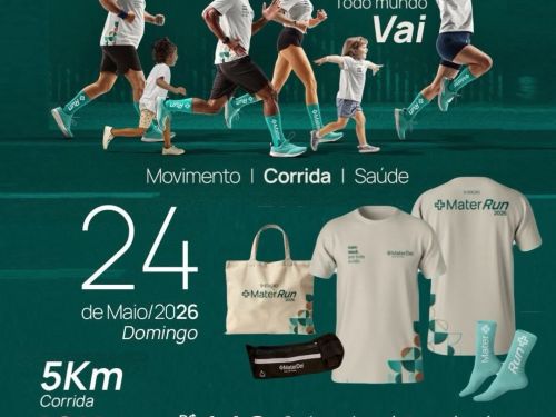 Foto da corrrida Mater Run contendo valor dos lotes, as distâncias, foto do kit e informação sobre data e local