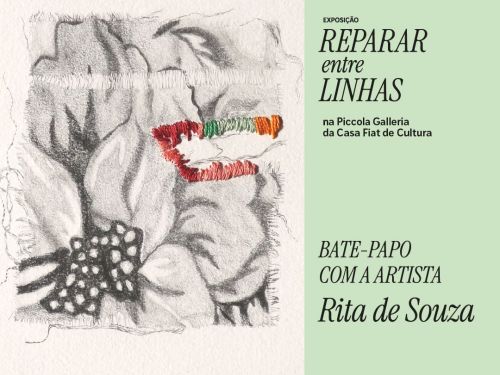Foto convidativa para o bate papo da exposição "Reparar entre linhas" com a artista Rita de Souza