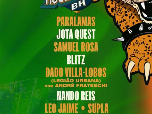 Cartaz do festival Prime Rock Brasil BH, que acontecerá em 25 de julho de 2026 no estádio Mineirão. O fundo é verde com a ilustração de uma onça-pintada brava no canto superior direito. Ao centro, os nomes das atrações em letras grandes: Paralamas, Jota Quest, Samuel Rosa, Blitz, Dado Villa-Lobos (Legião Urbana) com André Frateschi e Nando Reis. Na parte inferior, destaca-se que Leo Jaime e Supla se apresentam no Camarote Secreto. Estão presentes também as logomarcas da Blueticket, Jovem Pan e organizador