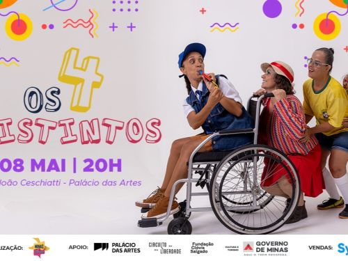 Foto de capa do espetáculo teatral contendo foto dos 4 personagens mais titulo da peça, horário, data e local