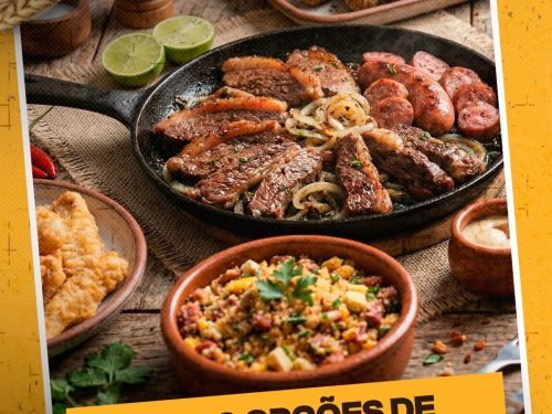 Foto de pratos de buteco como carnes, torresmo e tropeiros 