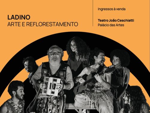 Cartaz com fundo laranja e imagem do grupo teatral espetáculo musicado: “Ladino”
