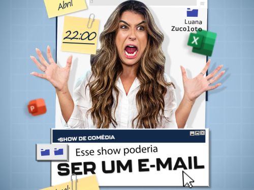 Foto de capa do espetaculo da luana zucoloto "Esse show poderia ser um e-mail, contendo data e local do evento juntamente com a foto da artista 