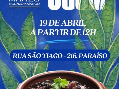 Foto de divulgação da Feijoada solidária no Quilombo Manzo contendo foto de uma feijado data e local do evento
