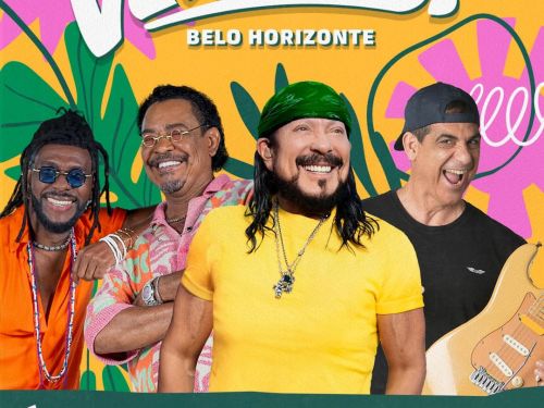 Cartaz colorido em tons de amarelo e verde. No topo, o nome do evento "Vumbora!" em letras brancas estilizadas, com a data "01 de Agosto, 14h" e a cidade "Belo Horizonte". No centro, fotos dos artistas sorridentes: os integrantes do É o Tchan (Beto Jamaica e Compadre Washington), Bell Marques (ao centro, de bandana verde e camisa amarela) e Durval Lelys (à direita, com boné e guitarra). Na parte inferior, uma faixa verde destaca os nomes: "É o Tchan + Bell Marques + Durval". Abaixo, as informações de venda