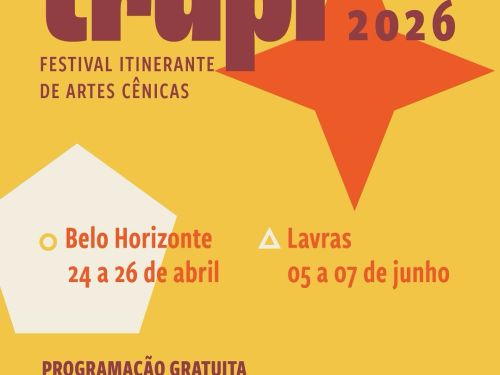 Foto de capa do festival Trupi contendo local, data e horarioo do evento em cores mais avermelhadas e fundo amarelo