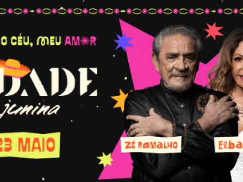 Este cartaz promove o evento "Na Cidade Junina", que ocorrerá em 23 de Maio. O grande destaque da noite são as apresentações dos renomados artistas brasileiros Zé Ramalho e Elba Ramalho, cujas fotos e nomes estão em evidência.