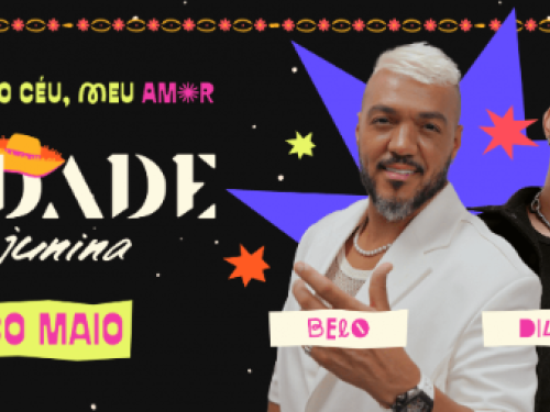 Este cartaz anuncia o show dos cantores Belo e Dilsinho no evento "Na Cidade Junina", marcado para o dia 30 de maio.