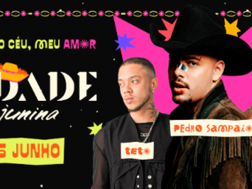 Este cartaz anuncia as apresentações de Teto, Pedro Sampaio e Wiu no evento "Na Cidade Junina", marcado para o dia 05 de junho.
