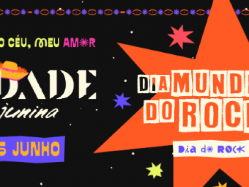 Este cartaz anuncia a celebração do "Dia Mundial do Rock" dentro do evento "Na Cidade Junina", programada para o dia 06 de junho.