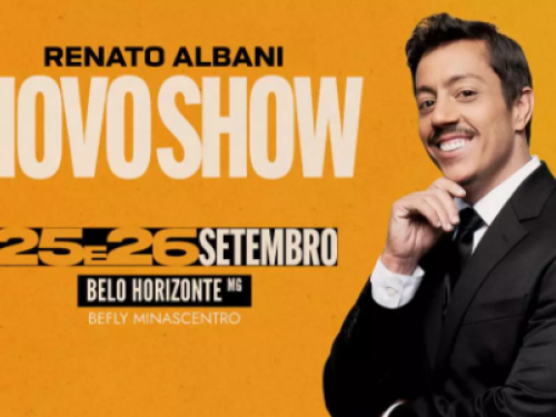 Banner promocional do humorista Renato Albani para seu "Novo Show". Sobre um fundo amarelo mostarda, o comediante aparece à direita, sorridente e de terno preto. Ao lado, o texto destaca as datas 25 e 26 de setembro em Belo Horizonte, no espaço BeFly Minascentro. O cartaz inclui a classificação indicativa de 16 anos e o logo da produtora Non Stop.