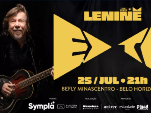 O cartaz anuncia o show do cantor Lenine em Belo Horizonte. À esquerda, o artista aparece sorrindo com um violão metálico. No centro, letras grandes e amarelas destacam o título da turnê "Rizoma". Abaixo, as informações principais: 25 de julho, às 21h, no BeFly Minascentro. O rodapé indica que os ingressos são vendidos pela Sympla. O fundo é preto, criando um forte contraste com os elementos em amarelo e branco.