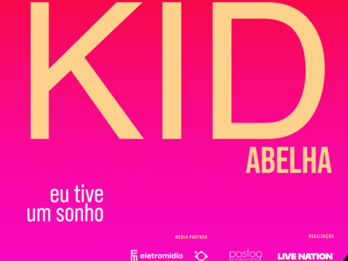 A imagem é um cartaz com fundo em degradê rosa vibrante. No topo, destaca-se a palavra **"KID"** em letras gigantes e beges, seguida por **"ABELHA"** logo abaixo, à direita. No canto inferior esquerdo, aparece a frase **"eu tive um sonho"** em letras brancas. O rodapé contém logotipos de parceiros e realizadores, como **Eletromidia**, **Posto 9** e **Live Nation**. O design é moderno e focado na tipografia, sugerindo a divulgação de um evento ou turnê da banda.