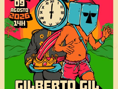 Cartaz ilustrado do Festival Sensacional! para o domingo, 09 de agosto de 2026, às 14h, no Parque Ecológico da Pampulha. A imagem tem estilo de HQ e destaca os shows de Gilberto Gil e BaianaSystem. A ilustração central mostra dois personagens surreais: um com cabeça de relógio segurando uma coroa e outro com cabeça de bloco azul usando gorro. Ingressos no site oficial.