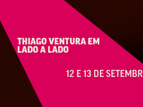 Banner promocional com fundo preto e uma faixa diagonal rosa vibrante. No centro, o texto em letras brancas informa: **"Thiago Ventura em Lado a Lado"**, seguido das datas **"12 e 13 de setembro"**.