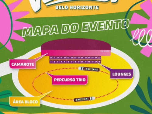 Cartaz com fundo amarelo e verde ilustrado com folhagens. No centro, um diagrama oval detalha as áreas da festa: o espaço central amarelo é a Área Bloco, cercada pelo Percurso Trio (linha pontilhada vermelha). Na parte superior do mapa, há uma estrutura roxa para o Camarote e trinta espaços numerados para os Lounges. No rodapé, sobre uma faixa verde, constam as informações: "01 de Agosto • 14h • Mirante BH" e os nomes dos artistas Bell Marques, Durval e É o Tchan.