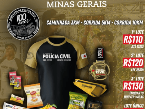 Kit da corrida com camiseta preta e dourada, brindes de suplementos para a corrida, e medalha. 