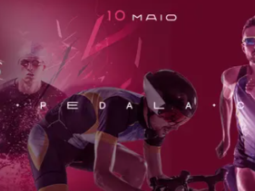 Capa da corrida com foto de ciclista, nadador e corredor com fundo rosa