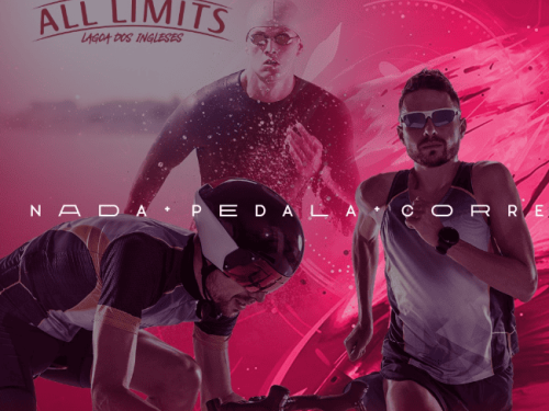 Capa da corrida com foto de ciclista, nadador e corredor com fundo rosa
