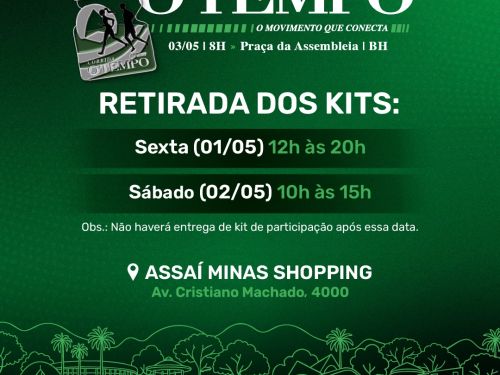 Cartaz informativo sobre "Retirada de Kits" da Corrida O Tempo. Plano de fundo em tons de verde e branco.