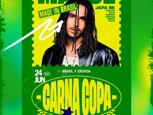 Divulgação do line up do evento Carna Copa com fundo verde e imagem do artista Matue