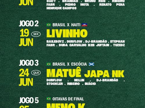 Divulgação do line up do evento Carna Copa com fundo verde e texto com as atrações 