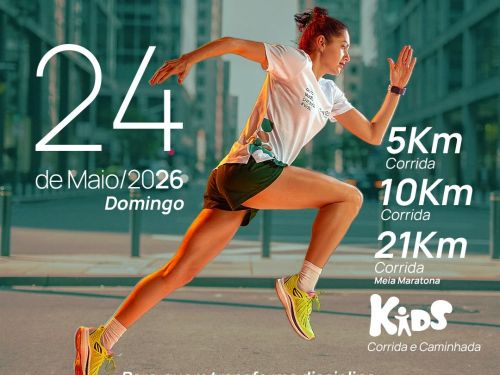 Flyer de divulgação da corrrida Mater Run contendo imagem de uma corredora e informações sobre data, local e modalidades