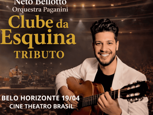 Foto de capa de divulgação do espetáculo Clube da Esquina Tributo, contendo foto do artista Neto Bellotto em destaque com a orquestra de fundo 