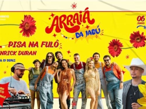 Este cartaz horizontal anuncia o evento "Arraiá da Jabú" utilizando uma identidade visual alegre e ensolarada, dominada por um fundo amarelo vibrante e emoldurada por uma borda decorada com linhas onduladas azuis e pequenas flores vermelhas nas laterais. No topo centralizado, o título ganha destaque em letras vermelhas e azuis estilizadas, acompanhado no canto superior direito pelas informações de data e horário: 06 de Junho às 16 Horas. A parte central exibe fotos recortadas das atrações do evento: no meio