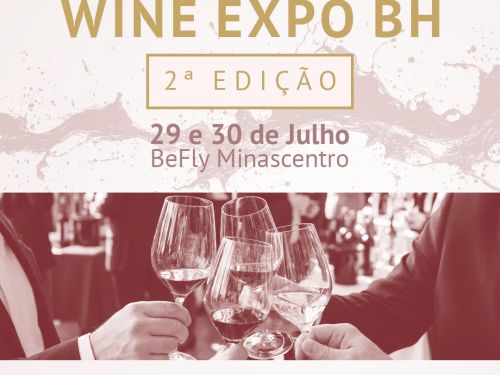 Foto de capa convidativa para a feira Wine Expo contendo foto central de pessoas segurando taças de vinho