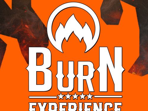 Foto de capa do evento "Burn Experience" contendo o nome do evento em branco com simbolo de chama e cores fortes de fundo 