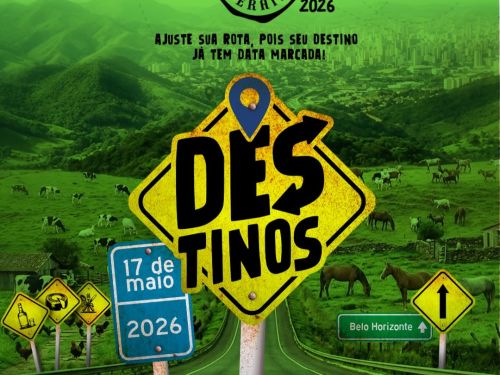 Foto de capa de divulgação do evento "Destinos: Made in Minas Gerais" contendo uma placa de trasito com o nome do evento, um cenario rual de fundo de tela e a data 