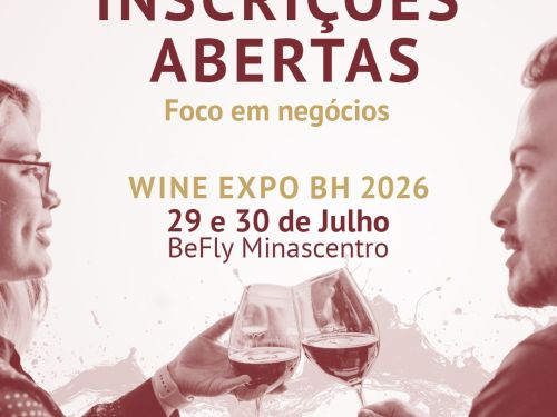 Foto de capa convidativa para a feira Wine Expo contendo duas pessoas se olhando enquanto seguram taças de vinho 