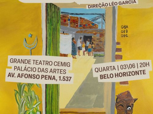  Arte em tons de amarelo e marrom divulga o espetáculo “Gambiarra”, dirigido por Léo Garcia. No centro da imagem, uma pintura retrata a entrada de uma casa simples de periferia, com chinelos espalhados no chão, uma planta ao lado da porta e pessoas reunidas ao fundo. O texto informa: “Grande Teatro Cemig Palácio das Artes, Av. Afonso Pena, 1537. Quarta, 03/06, às 20h, Belo Horizonte.” No topo, logos do Ministério da Cultura, Petrobras e Favelinha na Estrada.