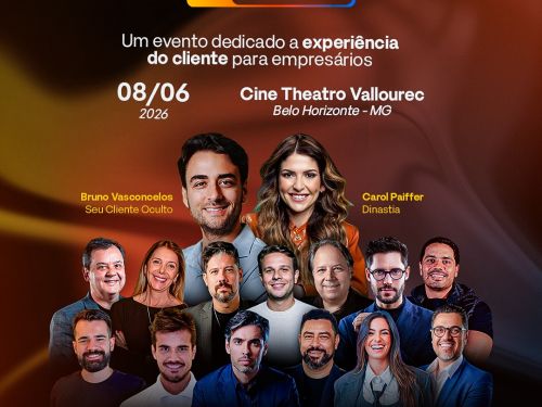 Foto de capa do evento "Seu Cliente Experience" contendo infromações como data e local do evento, além da foto dos palestrantes