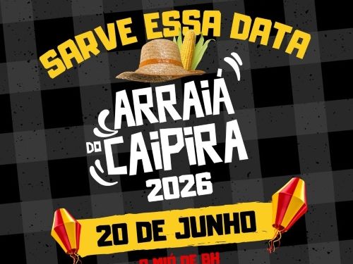 Este cartaz horizontal apresenta uma identidade visual enérgica e bem-humorada sobre um fundo amarelo texturizado que simula papel amassado. No lado esquerdo, destaca-se a imagem recortada do personagem caipira interpretado pelo ator Paulo Gustavo, vestindo um casaco vermelho e expressando grande surpresa com as mãos nas bochechas, posicionado logo abaixo de um pequeno varal de bandeirinhas e de um selo azul pontiagudo com a inscrição "OPEN TUDO", acompanhada pelos atrativos de comida gostosa, música ao viv
