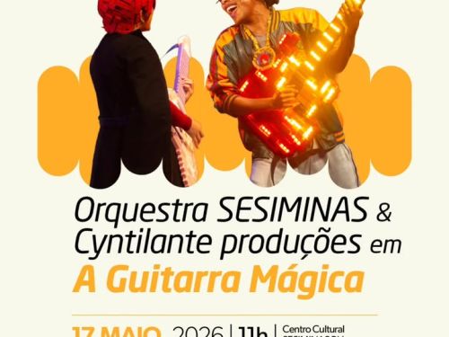 Foto de capa para divulgação do espetáculo teatro "A guitarra mágica" contendo foto do artista principal tocando guitarra e informações do evento